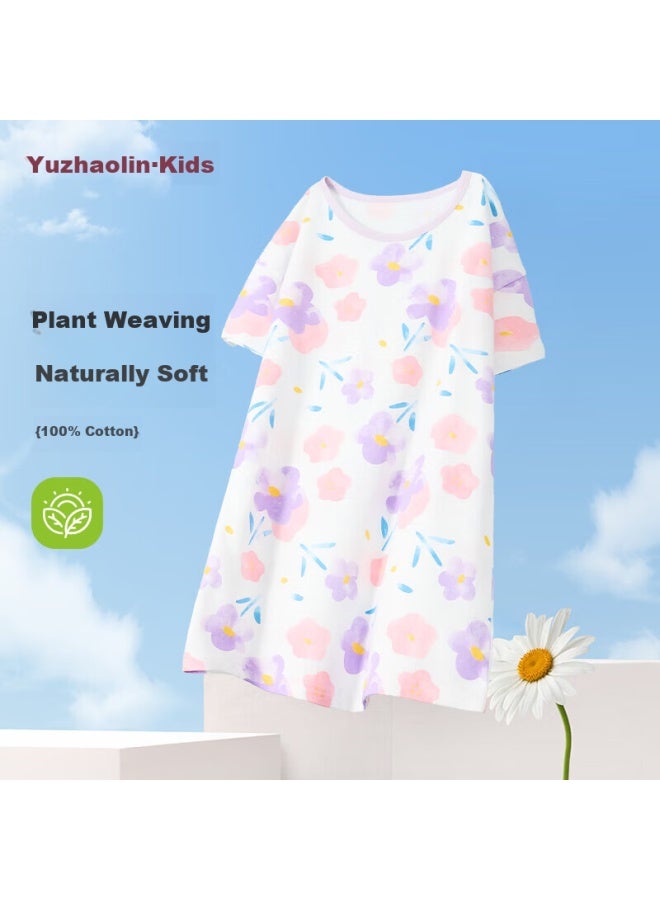 Yuzhaolin Girls' Nightgown, Children's Pajamas, Home Wear, Summer Pure Cotton, For Older Children, Clothing, Children's Apparel, Flower And Bear Design - Image 2