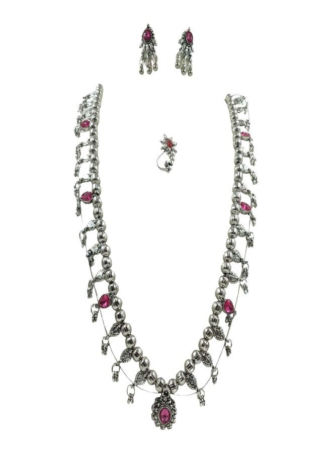 Swaroop Designer Maharashtrian Marathi Silver Plated Kolhapuri Saaj Long Necklace for Women (Silver) - Image 1
