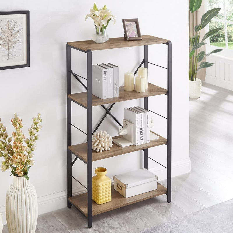 FOLUBAN 4 Tier Open Bookshelf Vintage Free Standing Book Shelf Rustic Wood and Metal Bookcase for Home Office Oak