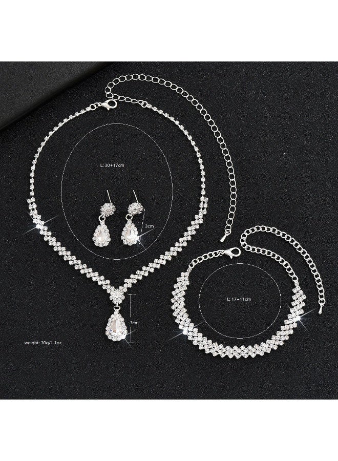 طقم أقراط وقلادة من أحجار الراين مكون من 4 قطع للنساء، قلادة على شكل قطرة، سلسلة على شكل حرف V، متدلية، إكسسوارات فساتين السهرة والزفاف للنساء، بسيطة ومتعددة الاستخدامات، فضية - Image 4