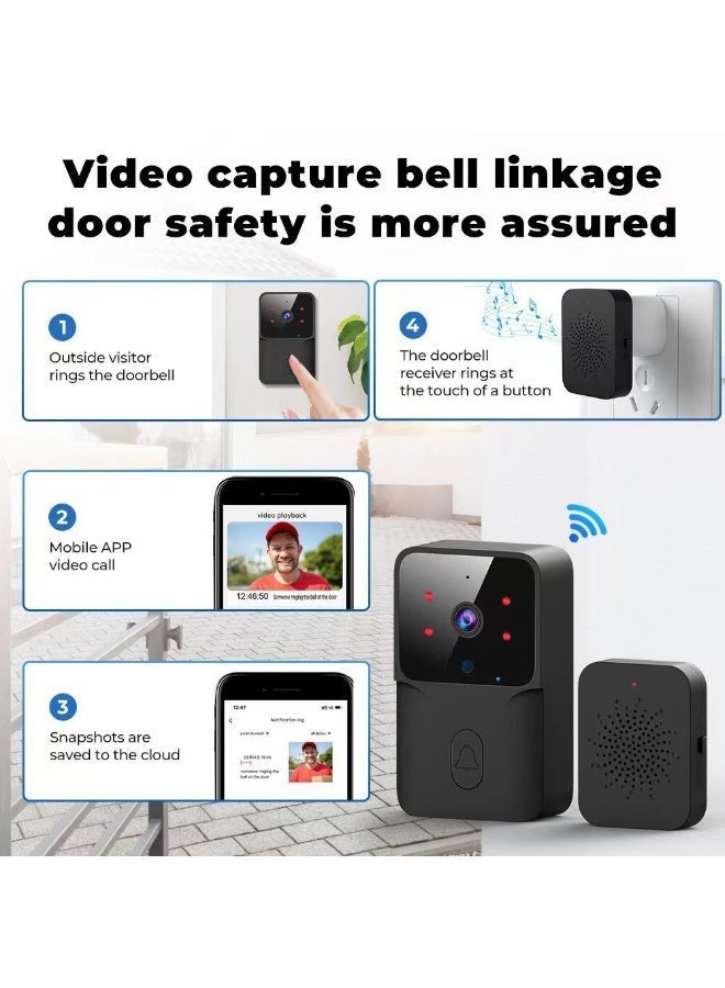 Wireless video doorbell supports mobile phone remote video conversation, indoor ringing, automatic visitor capture, with night vision, cloud storage, only supports 2.4GWi-Fi (black, hole-free installation) - Image 3
