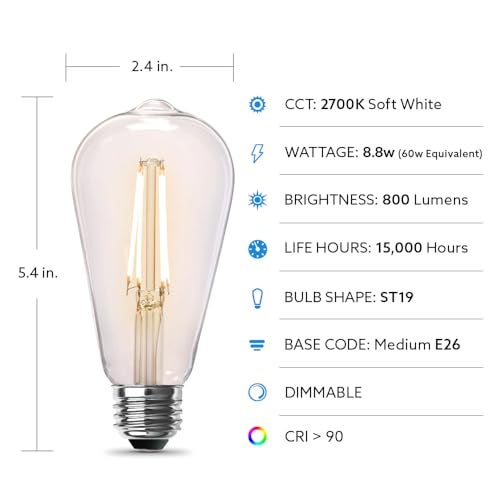 Feit Electric ST19 Vintage Edison LED Light Bulb, 60W Equivalent, Dimmable, 2700K Soft White, 800 Lumens, E26 Base, Retro Filament Light Bulbs, 15,000-Hour Lifetime, ST1960/CL/927CA/2, 2 Pack - Image 2