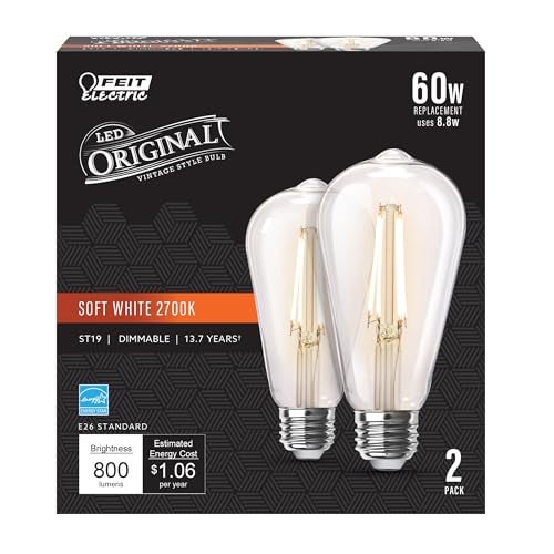 Feit Electric ST19 Vintage Edison LED Light Bulb, 60W Equivalent, Dimmable, 2700K Soft White, 800 Lumens, E26 Base, Retro Filament Light Bulbs, 15,000-Hour Lifetime, ST1960/CL/927CA/2, 2 Pack - Image 1