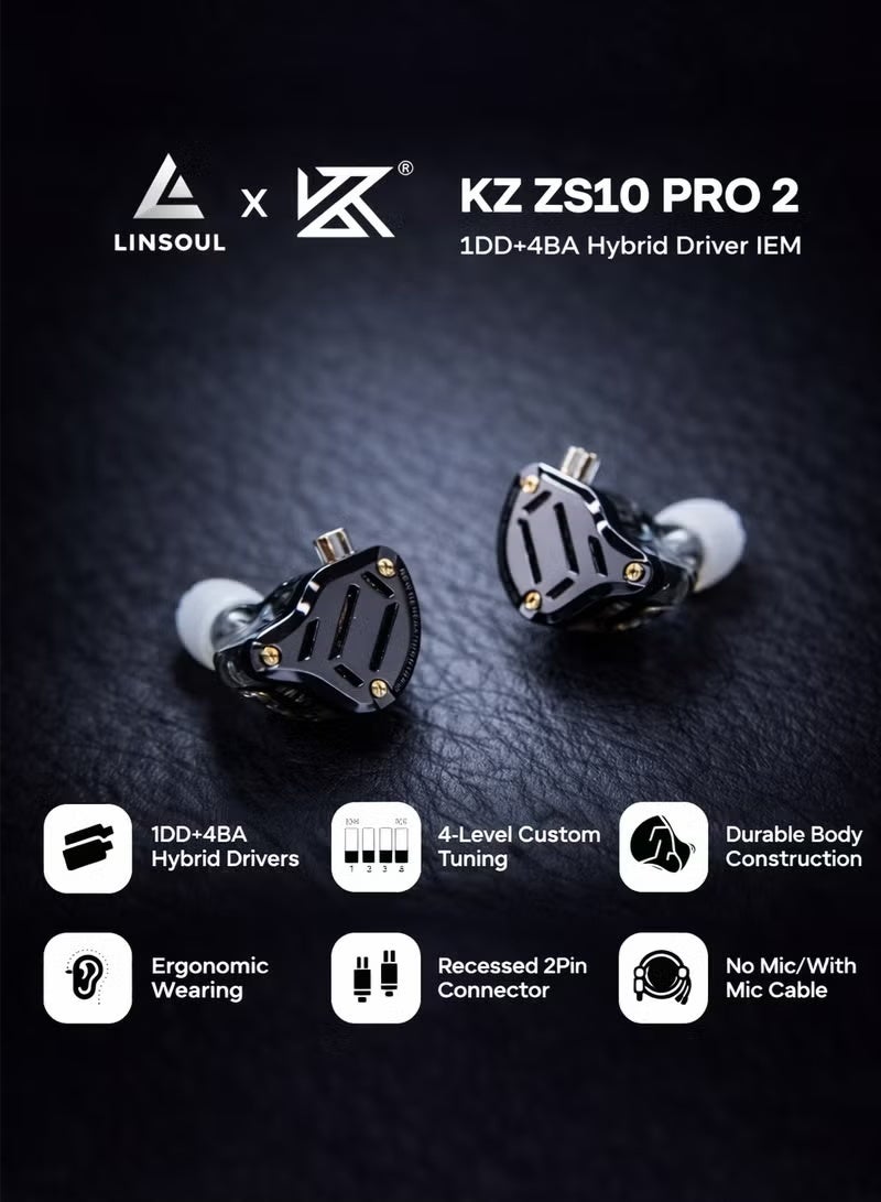 KZ ZS10 PRO 2 In Ear Monitor IEM, 1DD+4BA Hybrid Wired Earbuds, with 4-Level Tuning Switch, 3-Way Crossover Gaming Earbuds, Silver-plated IEM Cable for Musician Audiophile and Gamers(With Mic) - Image 3