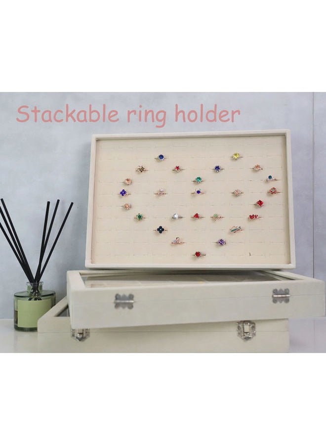 Stratalife Velvet Ring Display Tray,Stackable Jewelry Drawer Organizer,100 Slots Jewelry Display Case for Shows(Beige 100 Slot Rings) - Image 2