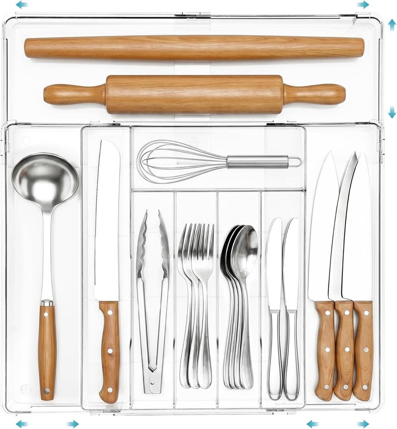 Expandable Silverware Organizer, Clear Plastic Food-Safe Flatware Cutlery Organizer, Kitchen Utensil Drawer Organizer, Adjustable Silverware Holder for Spoons Forks Knives, (6-9 Slots) - Image 1