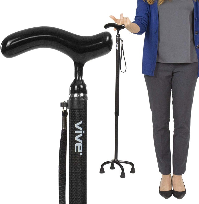 Vive UltraLightweight Quad Cane  Carbon Fiber Walking Stick for Men  Women  Adjustable Ergonomic Grip Handle  Nonslip 4 Prong Rubber Tips for Right Left Stability Support  Mobility Travel Aid - Image 1