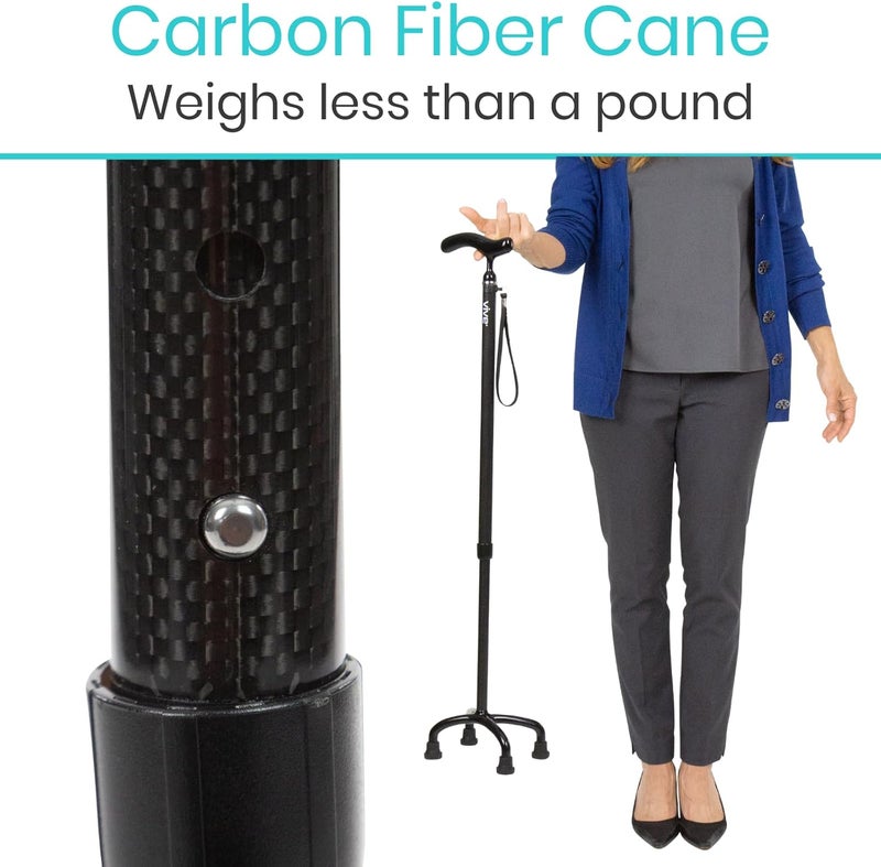 Vive UltraLightweight Quad Cane  Carbon Fiber Walking Stick for Men  Women  Adjustable Ergonomic Grip Handle  Nonslip 4 Prong Rubber Tips for Right Left Stability Support  Mobility Travel Aid - Image 2