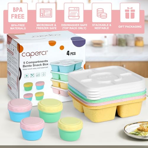 Caperci Original Lunchable Snack Containers for Kids & Adults - 5 Compartments Bento Snack Boxes with 4 Leakproof Small Containers, Wheat Straw, BPA-Free, Set of 4 (Vintage Colors) - Image 4