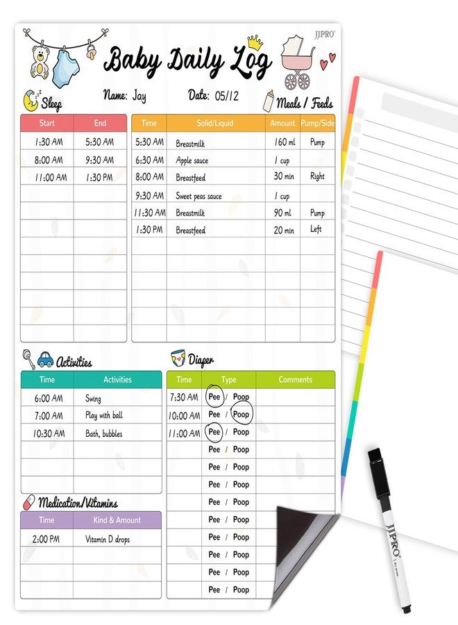JJPRO Newborn Baby or Toddler Log Tracker Whiteboard - Reusable Daily Planner Chart to Log Feeding Food, Sleep&Naps, Diaper Change and Daily Activities - for New Parents,Nanny, Babysitter - Image 1