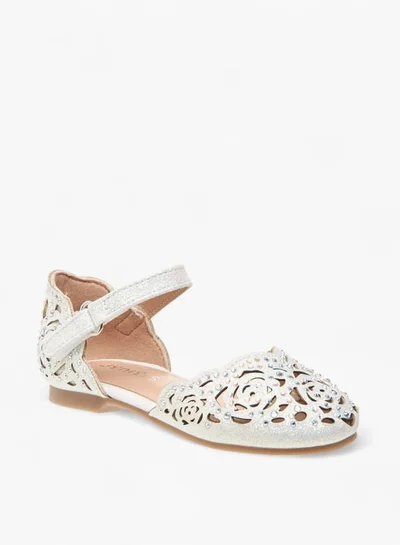 JUNIORS Girls Laser Cut Embellished Ballerina Shoes With Hook And Loop Closure