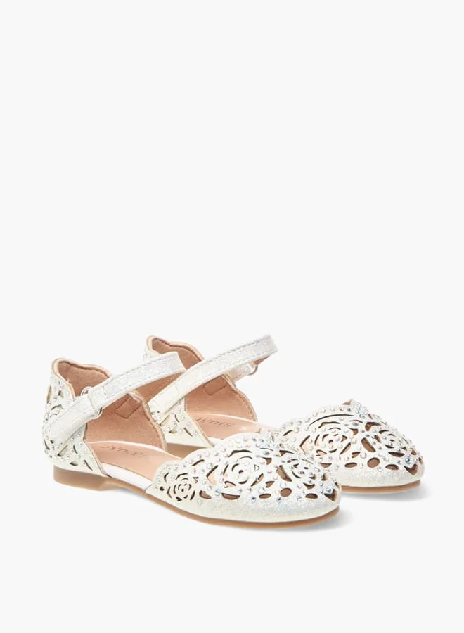 جونيورز Girls Laser Cut Embellished Ballerina Shoes With Hook And Loop Closure