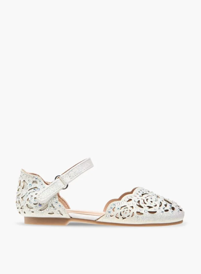 جونيورز Girls Laser Cut Embellished Ballerina Shoes With Hook And Loop Closure