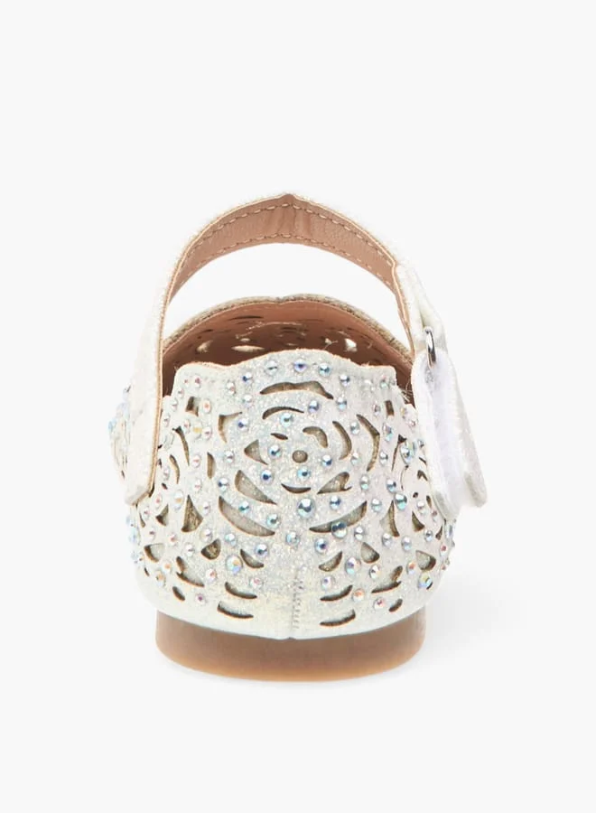 جونيورز Girls Laser Cut Embellished Ballerina Shoes With Hook And Loop Closure