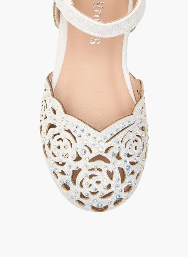 جونيورز Girls Laser Cut Embellished Ballerina Shoes With Hook And Loop Closure