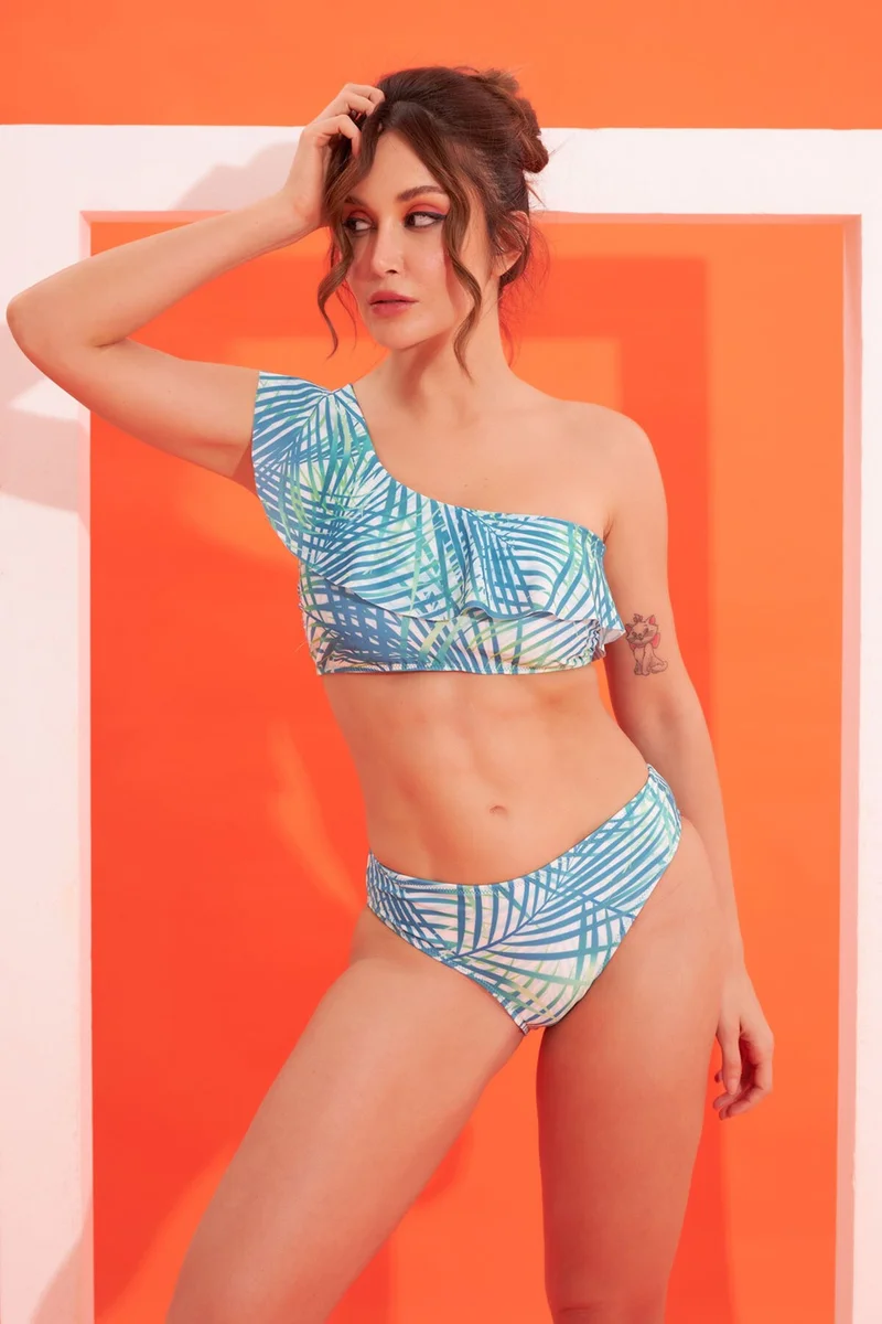 loya Green Palm One Shoulder Strap Single Top Bikini