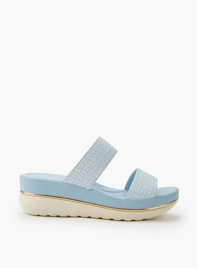 Flora Bella By Shoexpress BLUE Women Monogram Print Wedge Sandals for Women | Best Price UAE