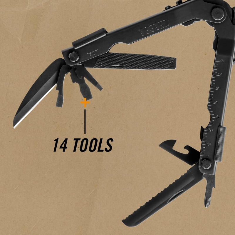 Gerber جيربر جير متعدد الاستخدامات 600 - أداة متعددة 14 في 1 مع غلاف، كماشة رفيعة، مفك، سكين مسنن، قاطع أسلاك، فتاحة زجاجات، فتاحة علب والمزيد - صنع في الولايات المتحدة الأمريكية - أسود مع غلاف - Image 5