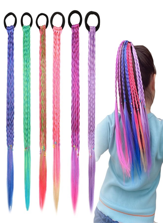 Pretwad 17 Inch Colored Hair Extensions for Kids - 6 PCS Synthetic Ponytails with Rubber Bands, Girls Rubber Bands Hair Extensions, Rainbow Braided Hairpieces Ponytail Hair for Crazy Hair Day, Parties - Image 1