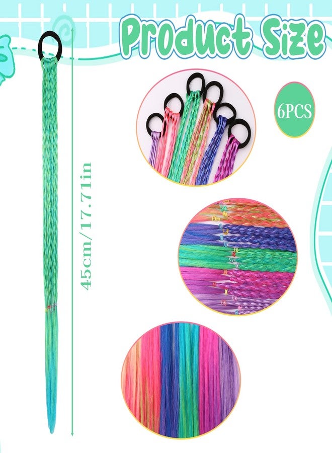 Pretwad 17 Inch Colored Hair Extensions for Kids - 6 PCS Synthetic Ponytails with Rubber Bands, Girls Rubber Bands Hair Extensions, Rainbow Braided Hairpieces Ponytail Hair for Crazy Hair Day, Parties - Image 2