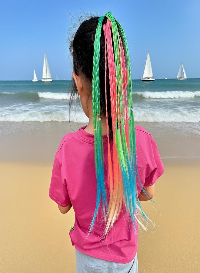 Pretwad 17 Inch Colored Hair Extensions for Kids - 6 PCS Synthetic Ponytails with Rubber Bands, Girls Rubber Bands Hair Extensions, Rainbow Braided Hairpieces Ponytail Hair for Crazy Hair Day, Parties - Image 3