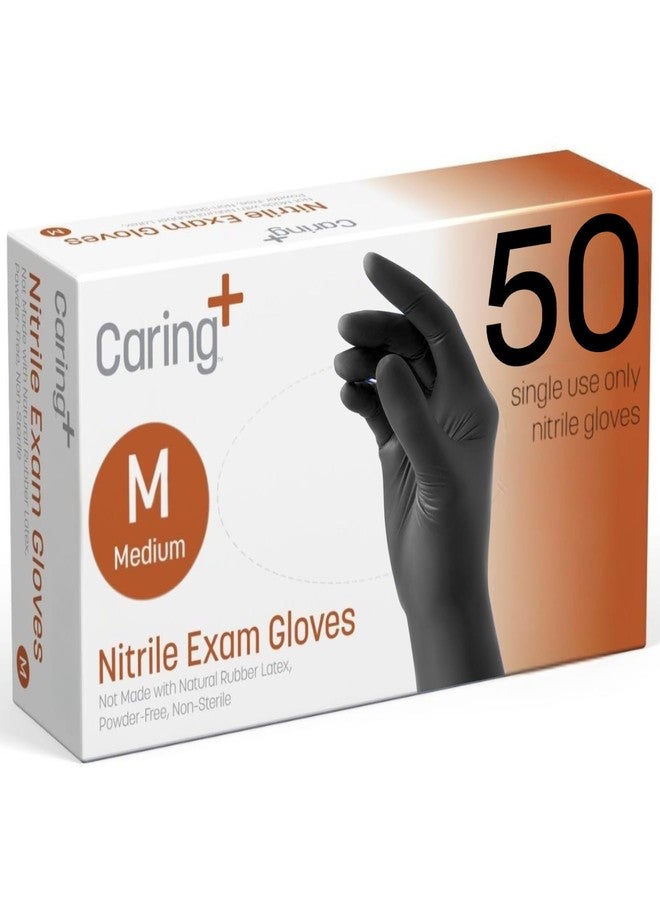 Caring Nitrile Exam Gloves, 50 Count, Powder Free and Not Made with Natural Rubber Latex, for Medical Use, Cleaning, Food Prep and More, Medium, Black - Image 1