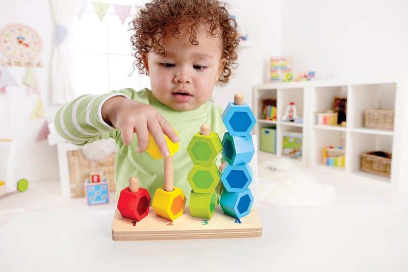 Hape Counting Stacker by | Wooden Stacking Block Building Puzzle Game Educational Set for Toddlers, Solid Wood Hexagon Blocks in Bright Rainbow Colors - Image 2