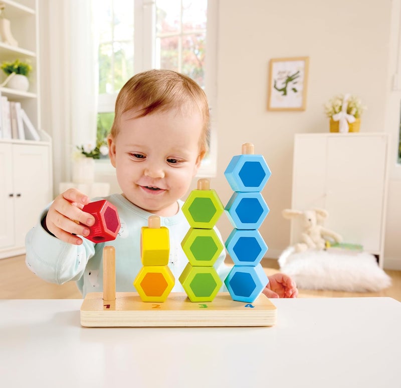 Hape Counting Stacker by | Wooden Stacking Block Building Puzzle Game Educational Set for Toddlers, Solid Wood Hexagon Blocks in Bright Rainbow Colors - Image 4