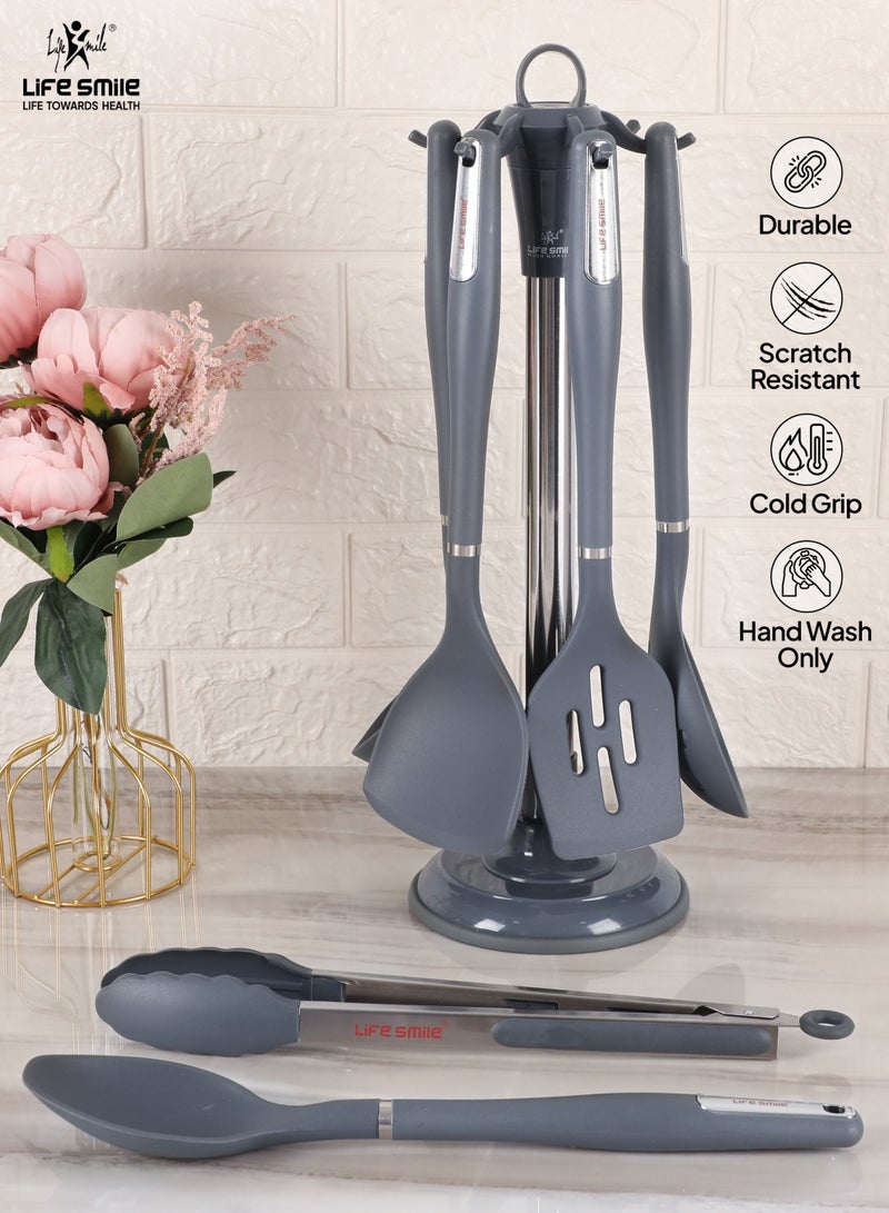Life Smile 7-Piece Silicone Kitchen Tools with Ergonomic Grip-Heat-Resistant Set Includes Soup Ladle, Skimmer ,Turner, Slotted Turner,Spoon , Food Tong & Utensils Holder  - Image 3