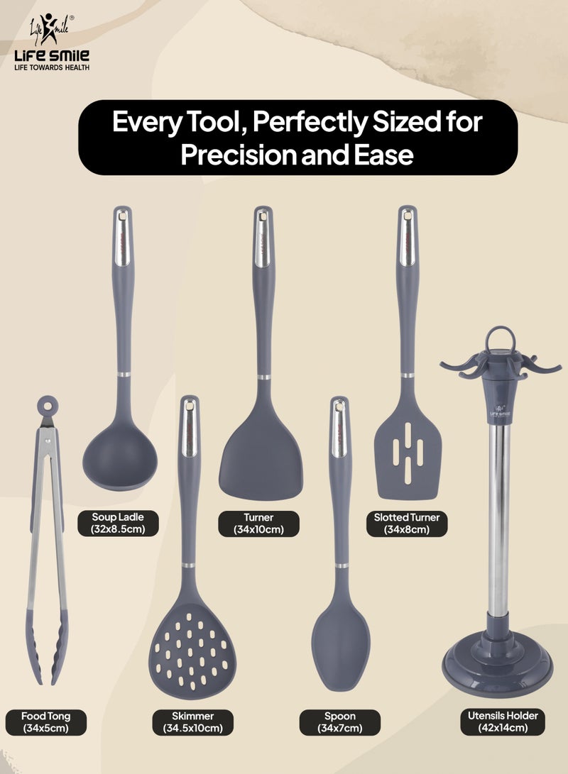 Life Smile 7-Piece Silicone Kitchen Tools with Ergonomic Grip-Heat-Resistant Set Includes Soup Ladle, Skimmer ,Turner, Slotted Turner,Spoon , Food Tong & Utensils Holder  - Image 4