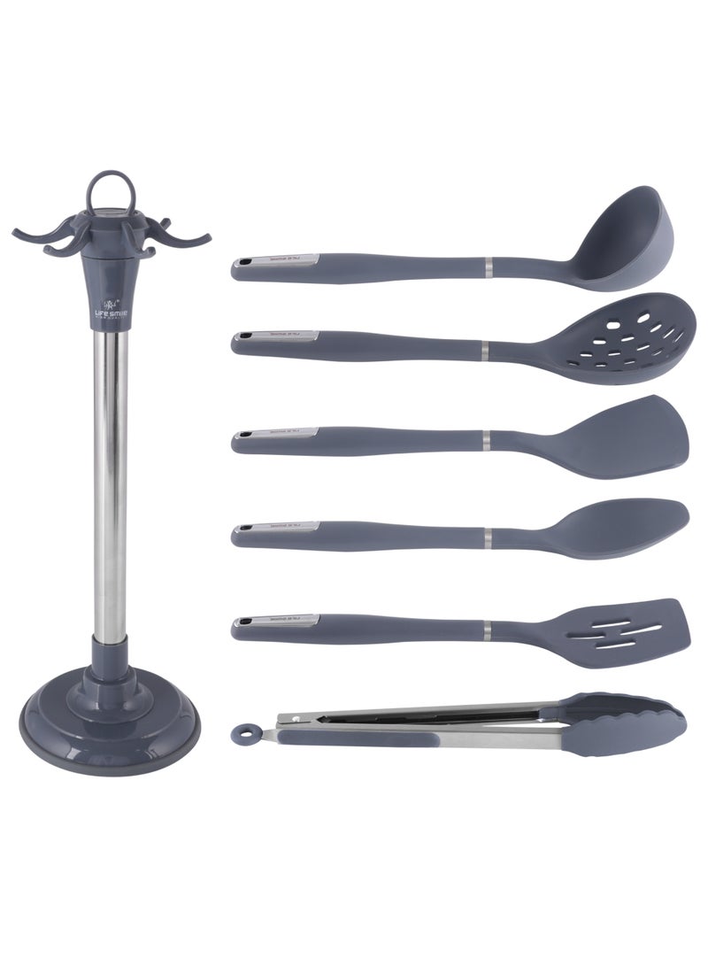 Life Smile 7-Piece Silicone Kitchen Tools with Ergonomic Grip-Heat-Resistant Set Includes Soup Ladle, Skimmer ,Turner, Slotted Turner,Spoon , Food Tong & Utensils Holder  - Image 2