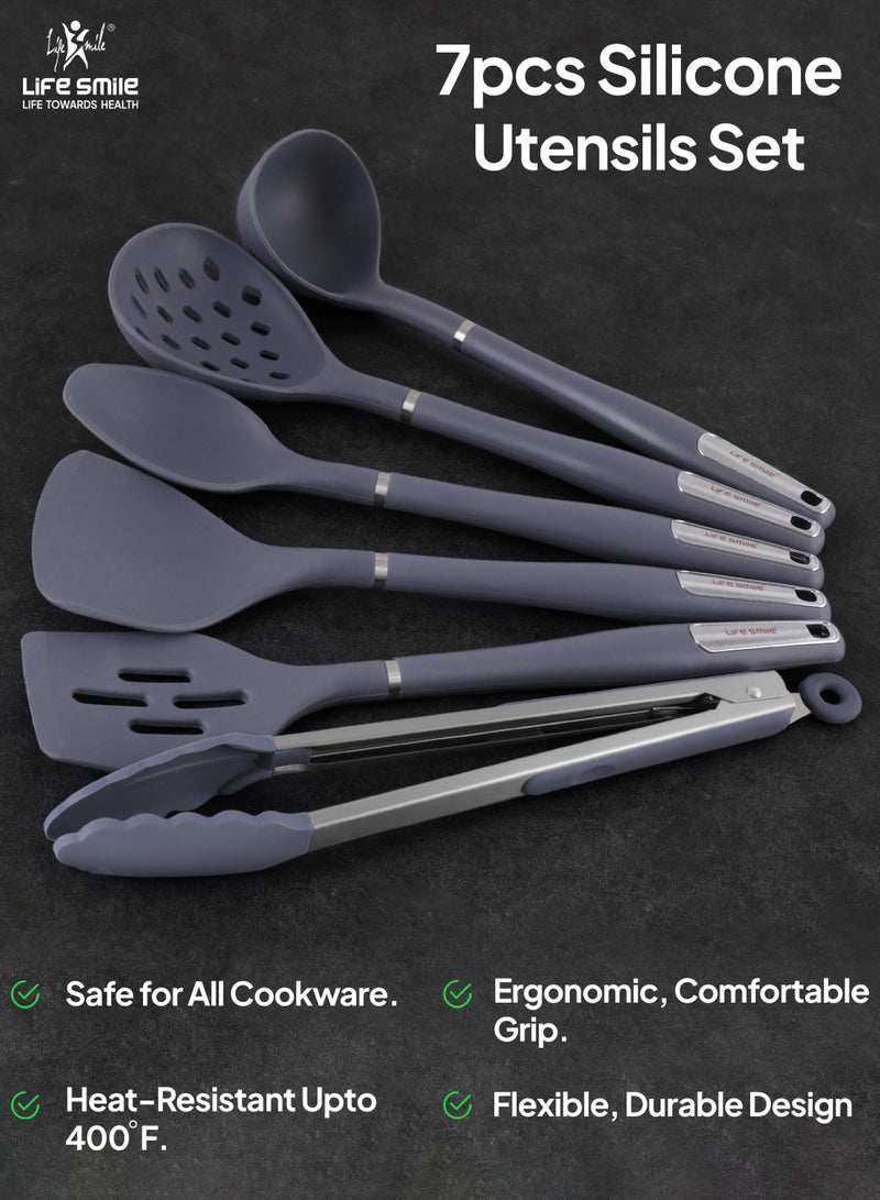 Life Smile 7-Piece Silicone Kitchen Tools with Ergonomic Grip-Heat-Resistant Set Includes Soup Ladle, Skimmer ,Turner, Slotted Turner,Spoon , Food Tong & Utensils Holder  - Image 5