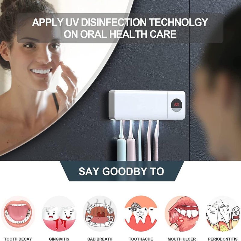 DSHOW UV Toothbrush Sanitizer, Bathroom Toothbrush Holder Wall Mounted with Sterilizer Function, 2000mAh Charging, Timing Function, Toothbrush Organizer for Ladies Baby Family (White) - Image 3