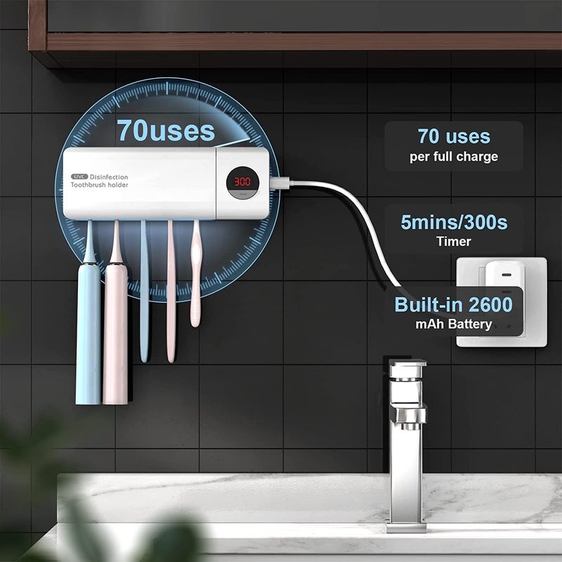 DSHOW UV Toothbrush Sanitizer, Bathroom Toothbrush Holder Wall Mounted with Sterilizer Function, 2000mAh Charging, Timing Function, Toothbrush Organizer for Ladies Baby Family (White) - Image 5