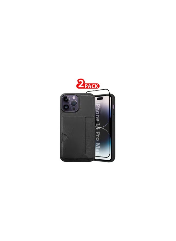 CATANES iPhone 14 Pro Max 2Packs Case Leather Antifingerprint Cover with Wallet Card Slot Shell, Side Insert Card Holder, Anti Fall Protection - Black  - Image 1