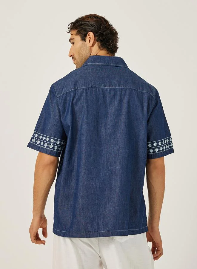 Styli Embroidered Chambray Resort Collared Relaxed Fit Shirt
