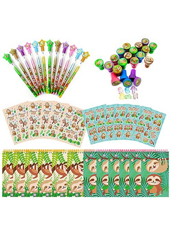 TINYMILLS Sloth Birthday Party Favor Set (12 Multipoint Pencils, 12 Selfinking Stampers, 12 Sticker Sheets, 12 Small Spiral Notepads) Sloth Party Supplies Party Favor Stuffers Pinata Fillers - Image 1