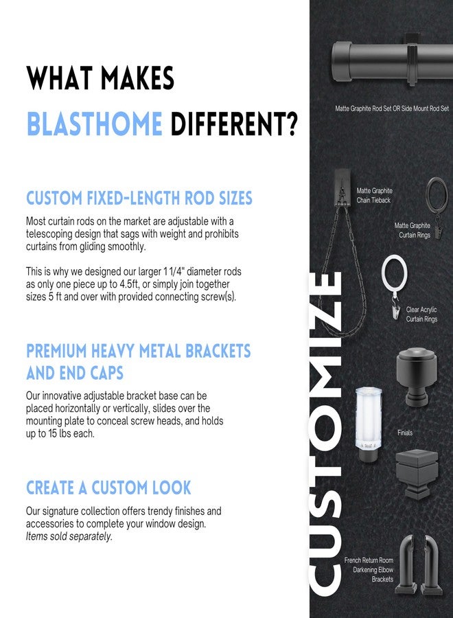 BlastHome® Non-Adjustable Luxury Curtain Rods for Windows, 1 ¼” Rod Set, 3 foot Fixed Length, Matte Graphite - Image 4