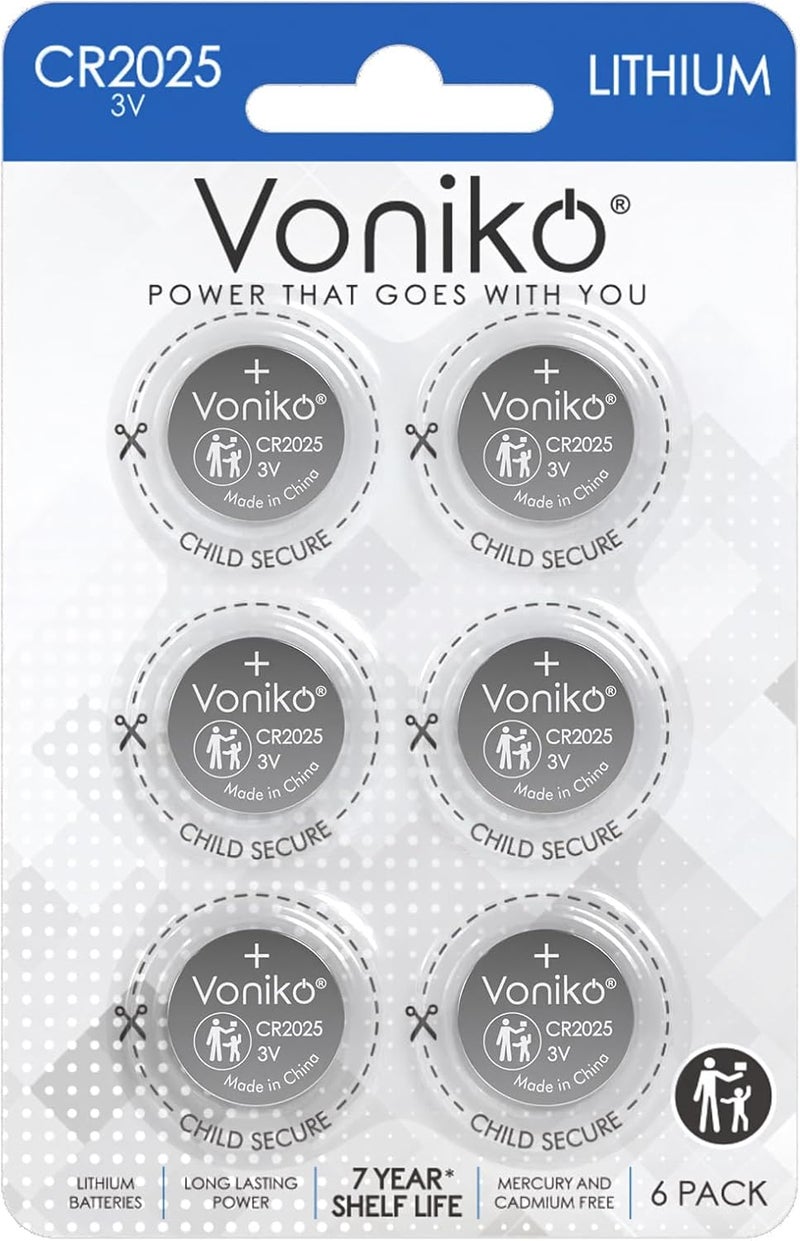Voniko CR2025 3V Lithium Batteries - 6 Pack for Child Safety, Compatible with Remotes, Key Fobs, Watches, Calculators - 7 Years Shelf Life - Image 1