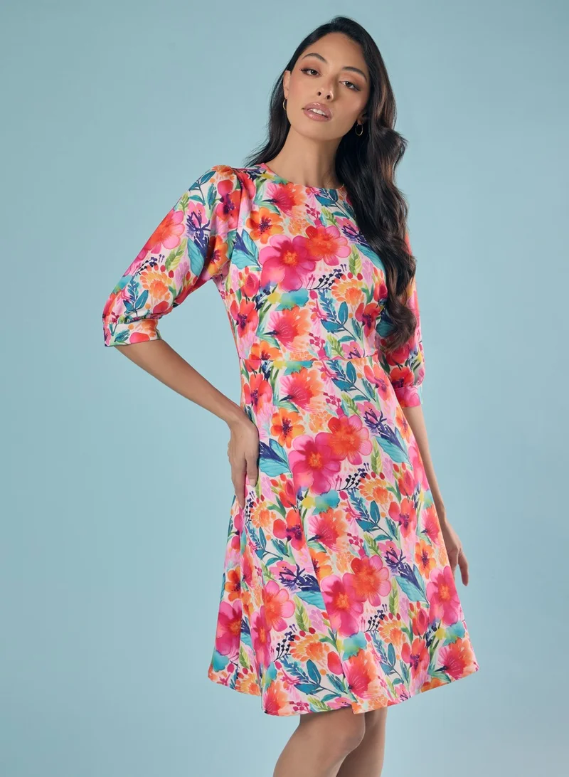 Zigzag Puffed Sleeve Skater Dress