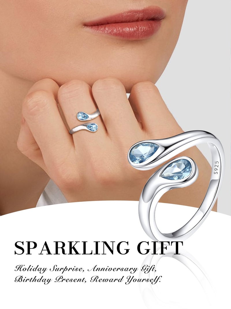 Bestyle March Birthstone Ring for Women, Silver Aquamarine Ring Two Pear Shape Blue Cubic Zirconia Gemstone Rings Love Rings Birthday Gifts for Women Mom Mother Wife - Image 3