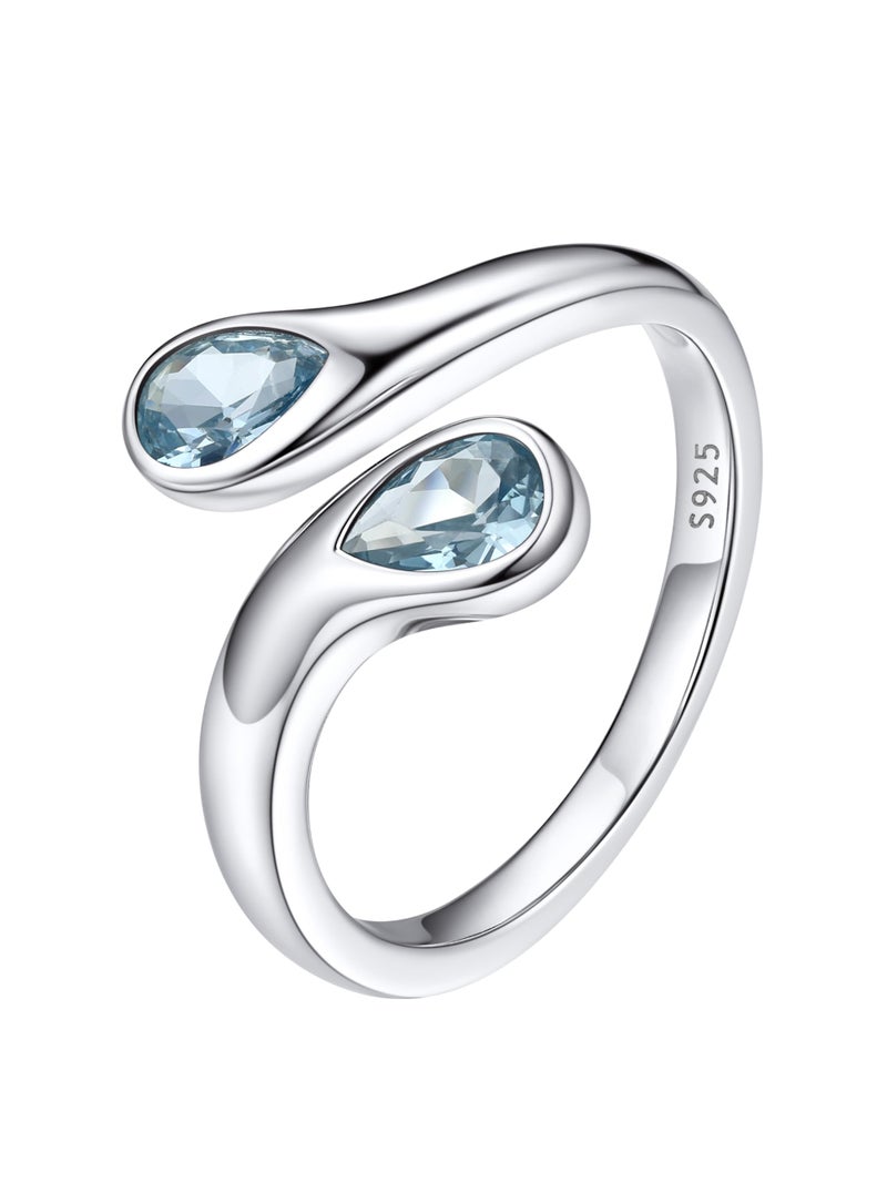 Bestyle March Birthstone Ring for Women, Silver Aquamarine Ring Two Pear Shape Blue Cubic Zirconia Gemstone Rings Love Rings Birthday Gifts for Women Mom Mother Wife - Image 1