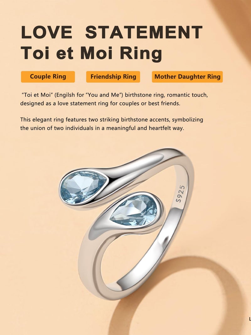 Bestyle March Birthstone Ring for Women, Silver Aquamarine Ring Two Pear Shape Blue Cubic Zirconia Gemstone Rings Love Rings Birthday Gifts for Women Mom Mother Wife - Image 2