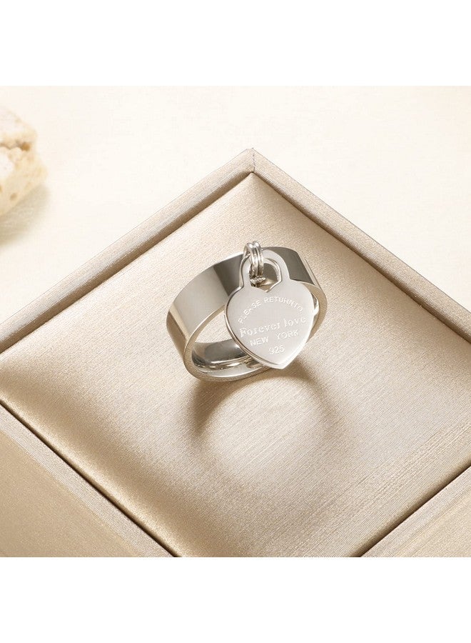 JINHUI Rings With Charms For Girlfriend, 6Mm Heart Dangle Ring Graducation Gift 18K Gold Plated Ring Engraved Promise Ring Jewelry (Silver, 6) - Image 3