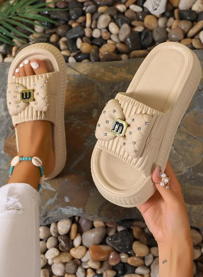 Take Two Beige Bow Decor Slides