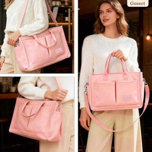 Gosect Canvas Tote Bag for Women With Pockets,X-Large Work Tote Bags Womens, Laptop Crossbody Purses Everything Everyday Bag Handbags lunch bag for Travel Work (Pink) - Image 2