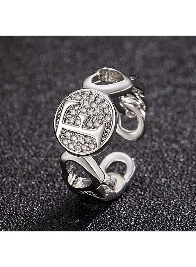New Light Luxury Copper Inlaid Zircon 18k Real Gold Heart Smooth Letter Adjustable Ring Versatile Personality Ring