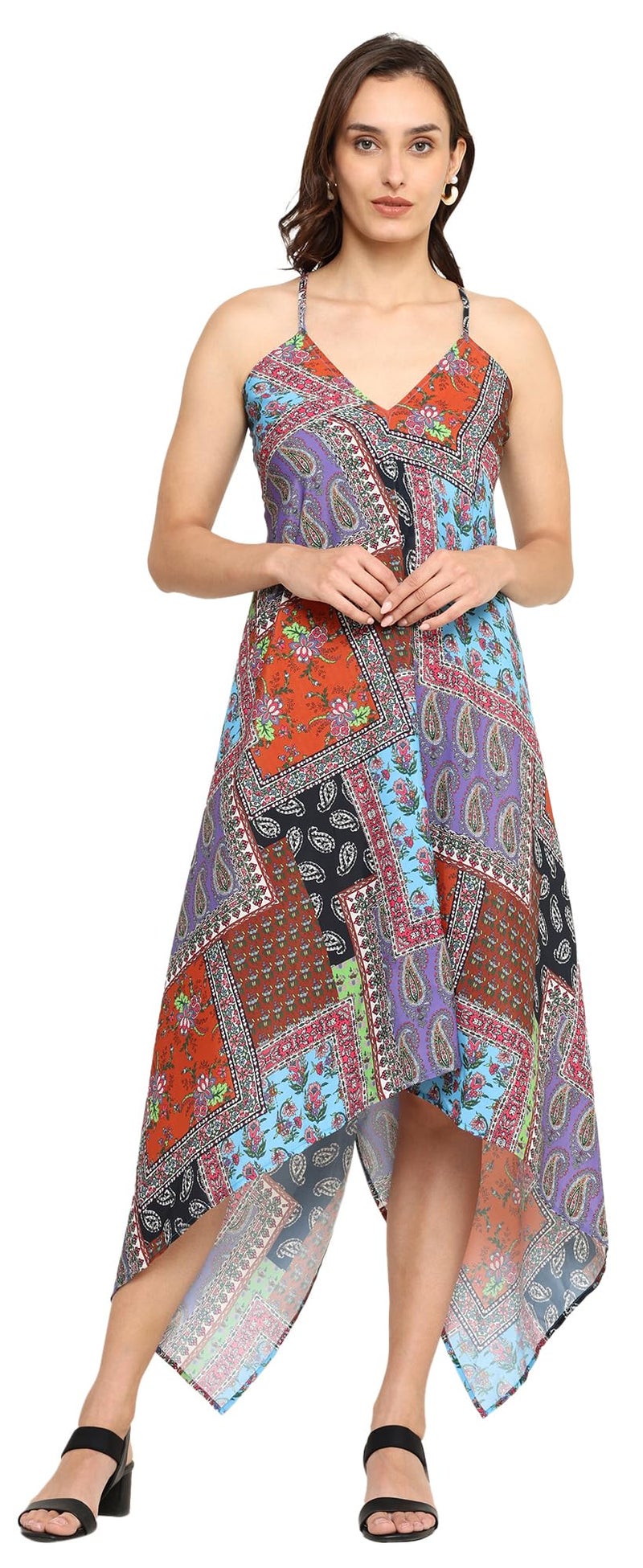 Yash Gallery Women's Polyester Patch Digital Printed Maxi Dress V-Neck Summer Boho Dress (Multi, XL) Multicolour - Image 1