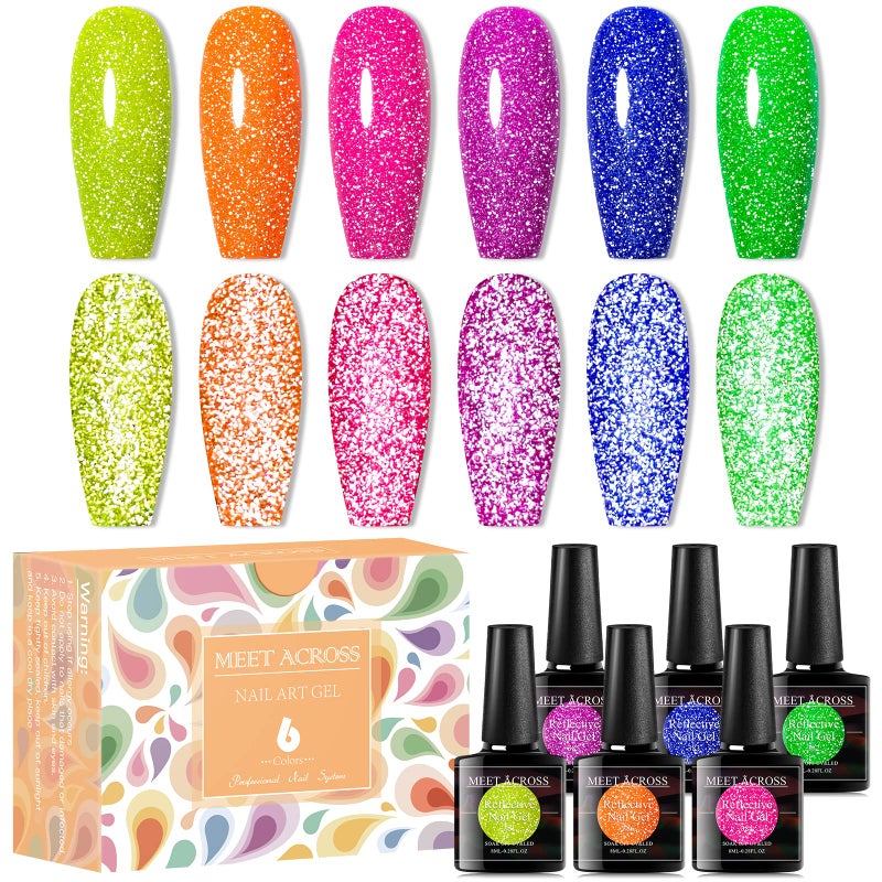 MEET ACROSS Neon Reflektierender GlitzerGelNagellack schimmerndes GlitzerGelNagellackSet funkelndes glnzendes GelNagellackManikreSet SoakOffLEDLampe