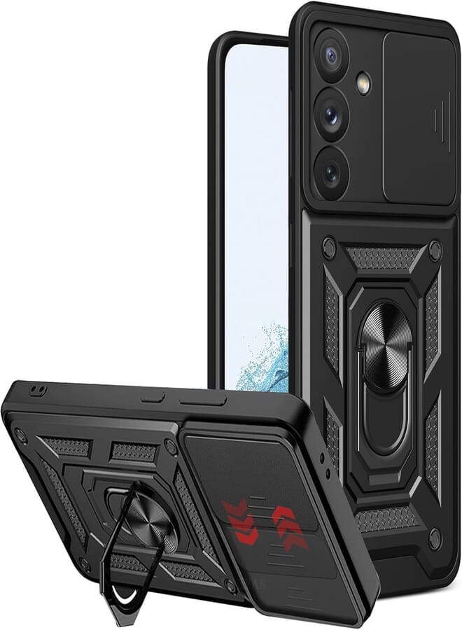 UNBLACK unblack case Compatible with Samsung Galaxy s25 Plus, Premium Protection Back Case with Camera Slide Cover Built-in Ring Stand Shockproof Case For samsung s25 plus (Black)